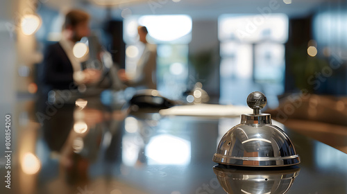 Modern luxury Hotel Reception Counter desk with Bell. Service Bell locating at reception. Silver Call Bell on table, Receptionists and customer on background. Сheck in hotel. Concept.