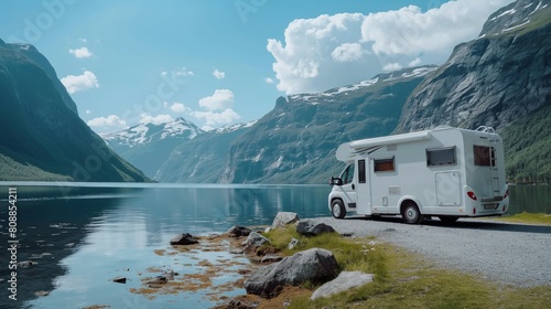 Camper van parked by a clear mountain lake, under sunny skies with rocky shores photo