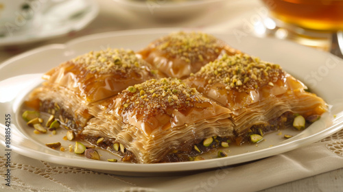 Algerian baklava adorned with crushed pistachios, served on a dainty lace tablecloth, capturing the essence of algerian culinary tradition