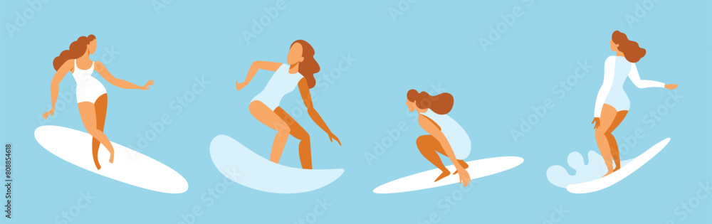 Vector illustration in flat style, summer horizontal banner with copy space for text, girl surfing on the wave on the ocean..