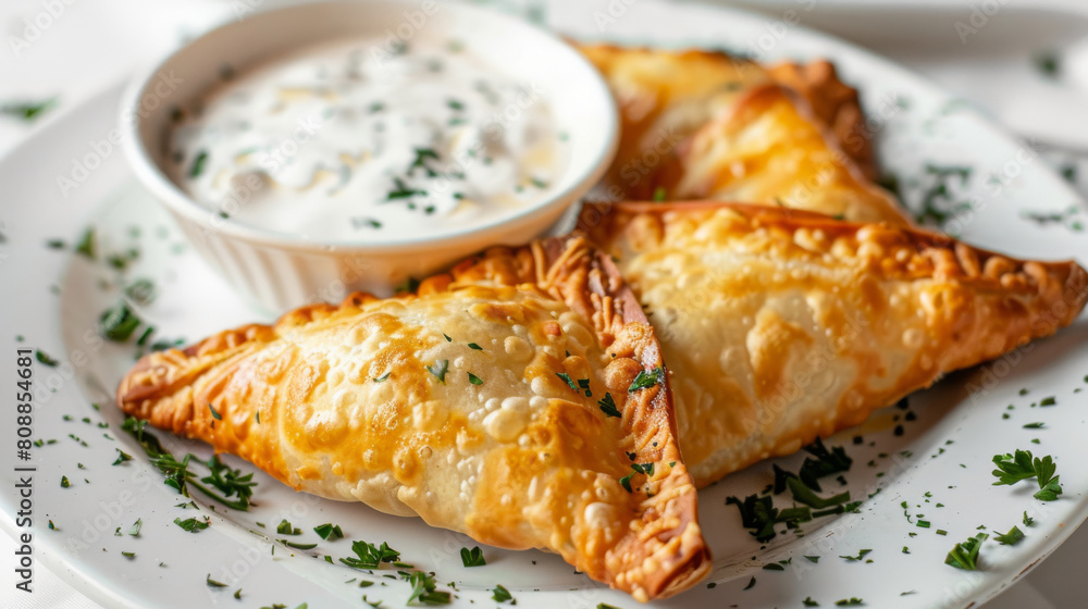 Delicious algerian sambusaks served with creamy yogurt dip and fresh herbs on a white plate in a close-up view Delicious algerian sambusaks served with creamy yogurt dip and fresh herbs on a white plate in a close-up view