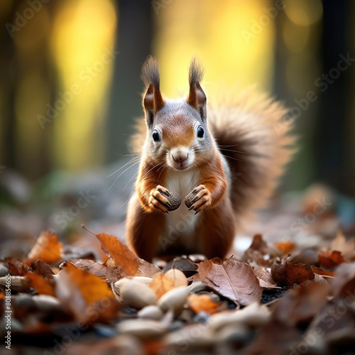 A squirrel in the autumn forest. A beautiful red squirrel in the autumn forest.23