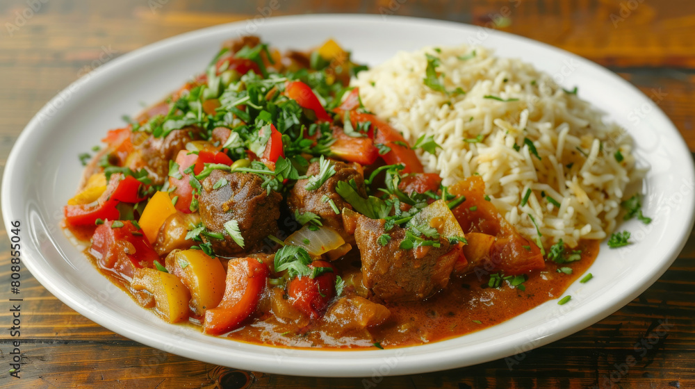Savory algerian beef stew served with aromatic rice, garnished with fresh parsley and mixed bell peppers on a white plate