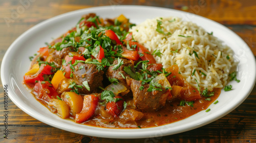 Savory algerian beef stew served with aromatic rice, garnished with fresh parsley and mixed bell peppers on a white plate