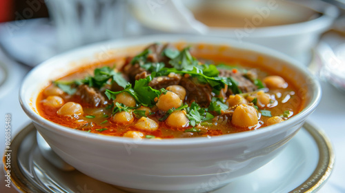 Delicious algerian chorba soup with parsley, tender meat, and chickpeas, served in a white ceramic bowl
