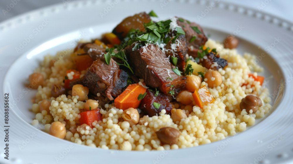 Algerian couscous with succulent lamb, chickpeas, and carrots, garnished with fresh parsley on a white plate in a close-up shot Algerian couscous with succulent lamb, chickpeas, and carrots, garnished with fresh parsley on a white plate in a close-up shot
