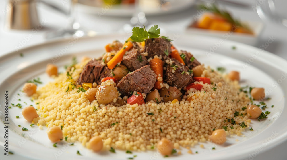 Traditional algerian couscous with tender lamb, chickpeas, and carrots, garnished with fresh coriander, presented on a white platter Traditional algerian couscous with tender lamb, chickpeas, and carrots, garnished with fresh coriander, presented on a white platter