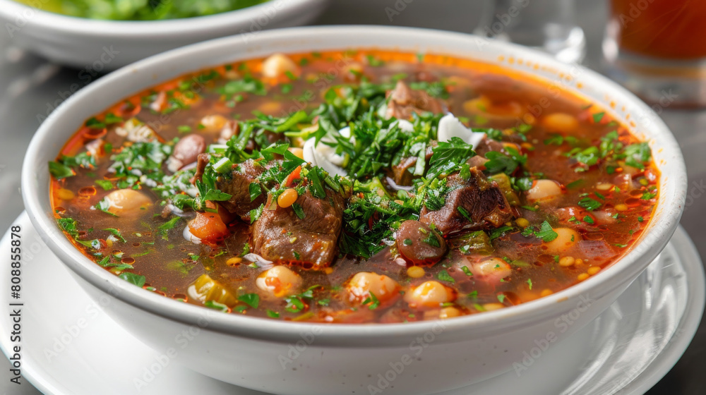 Savor the flavors of algeria with this authentic chorba soup, garnished with fresh parsley and served hot in a white bowl Savor the flavors of algeria with this authentic chorba soup, garnished with fresh parsley and served hot in a white bowl
