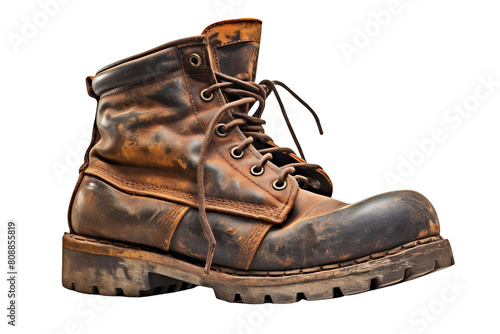 A brown leather work boot with dark brown laces. The boot is old and worn, with scuffs and scratches on the leather. The sole of the boot is made of rubber and is also worn. photo