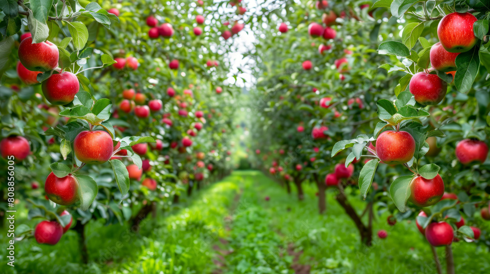 Bright red ripe apples on a tree branch in a summer garden Bright red ripe apples on a tree branch in a summer garden