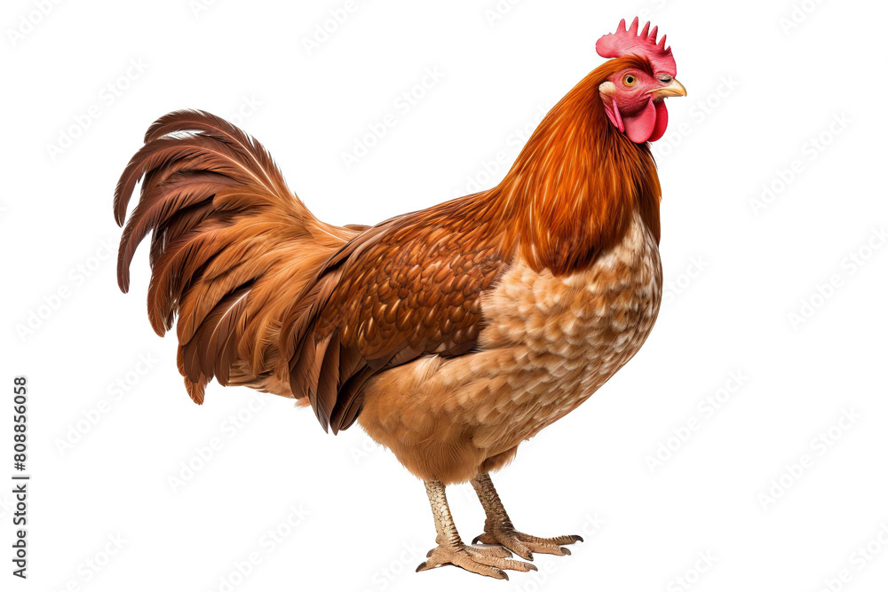 A rooster with bright red comb and wattles, brown and black feathers A rooster with bright red comb and wattles, brown and black feathers