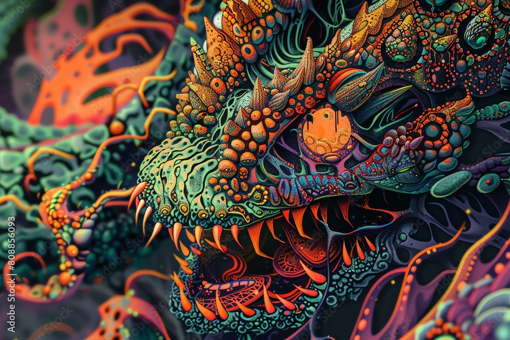 Illustrate a top-down perspective of a carnivorous creature amidst a vibrant revolution Illustrate a top-down perspective of a carnivorous creature amidst a vibrant revolution