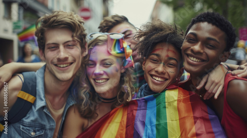 Group of young activist for lgbt rights with rainbow flag, diverse people of gay and lesbian community Stock Photo photography photo