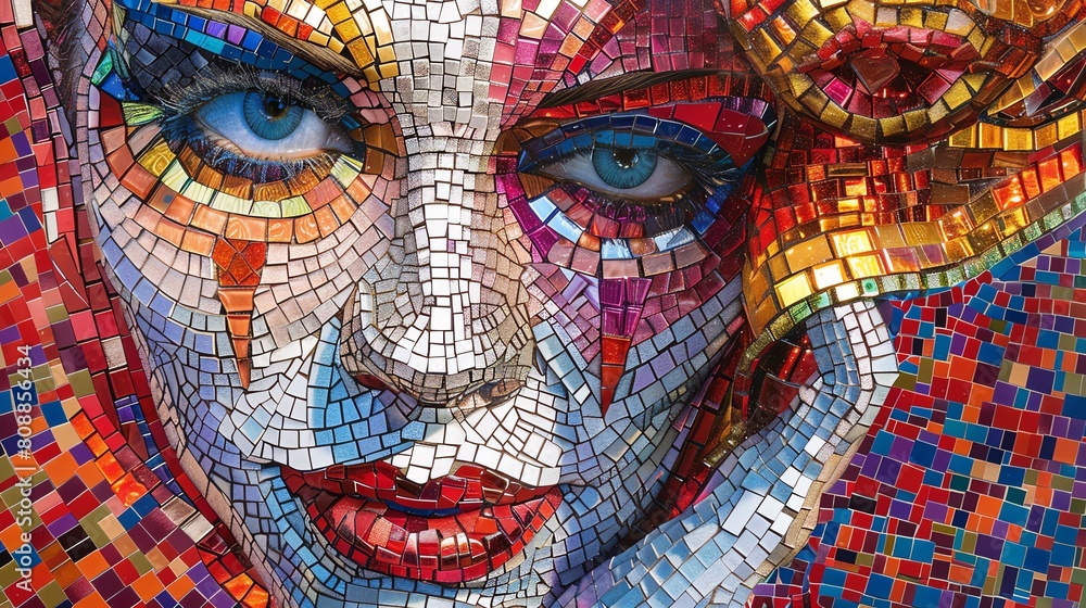 Discover the allure of enigma through a silicon mosaic portraying a harlequin dancer Let the colors dance with photorealistic precision
