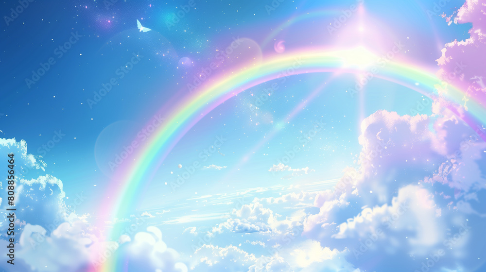 A rainbow is seen in the sky with a blue background. The sky is filled with clouds and the sun is shining brightly. The scene is bright and cheerful, and it conveys a sense of hope and positivity A rainbow is seen in the sky with a blue background. The sky is filled with clouds and the sun is shining brightly. The scene is bright and cheerful, and it conveys a sense of hope and positivity