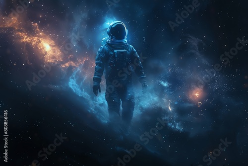 Design a Void of endless darkness with a lone figure in a glowing spacesuit