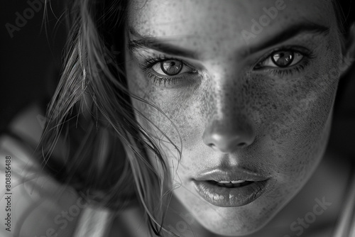 A black and white portrait of a model with a dramatic expression
