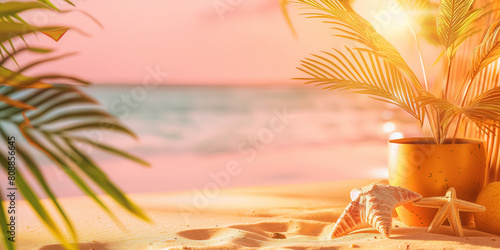 Wallpaper Mural Palm tree, starfish, beach and pastel colors. Summer vacation colorful tropical background, bright colors. Torontodigital.ca