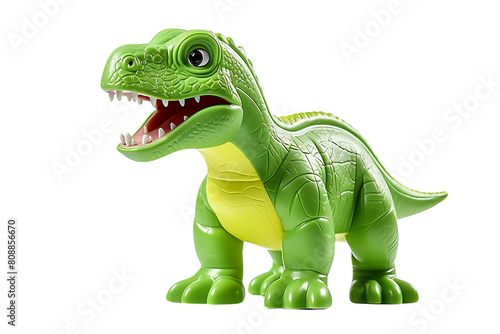 The green dinosaur toy with yellow belly and sharp teeth looks cute and friendly. It has big eyes and a long tail.