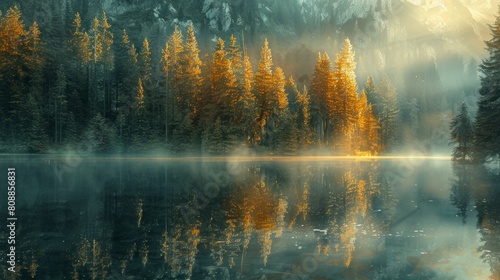 Mystical autumn morning at a serene lake surrounded by golden trees and reflective waters