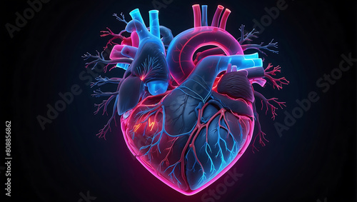 A close up of a neon glowing light heart anatomy model with explaining human circulatory system on a red and blue glowing background