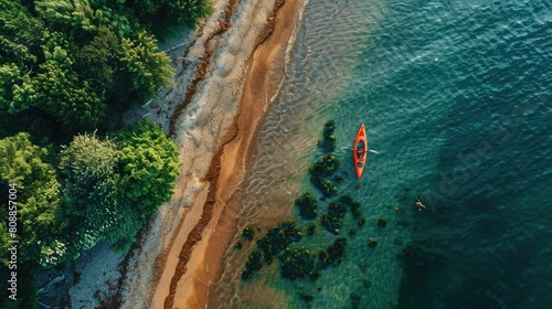 A serene aerial view of a wooden kayak floating in the clear waters near a sandy beach  with lush green trees creating a beautiful natural landscape AIG50