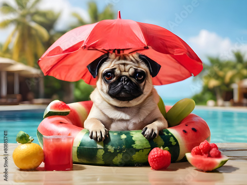 The pug dog with a glass of fresh fruit juice is floating on an inflatable watermelon ring under a umbrella.