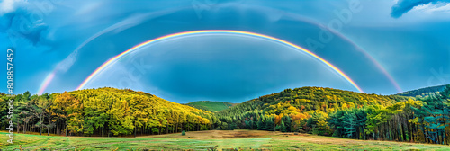 Vibrant Rainbow Over Green Meadow, Summer Storm Breaking with Sunlight Illuminating Scenic Landscape