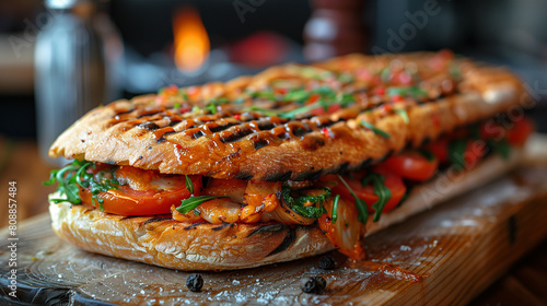 A sandwich rests on a wooden board, ready to be devoured photo