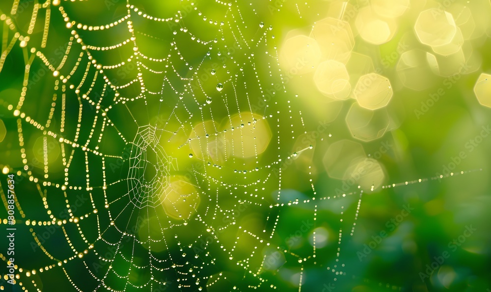 Dew on a spider web against a blurred green background, Generative AI Dew on a spider web against a blurred green background, Generative AI