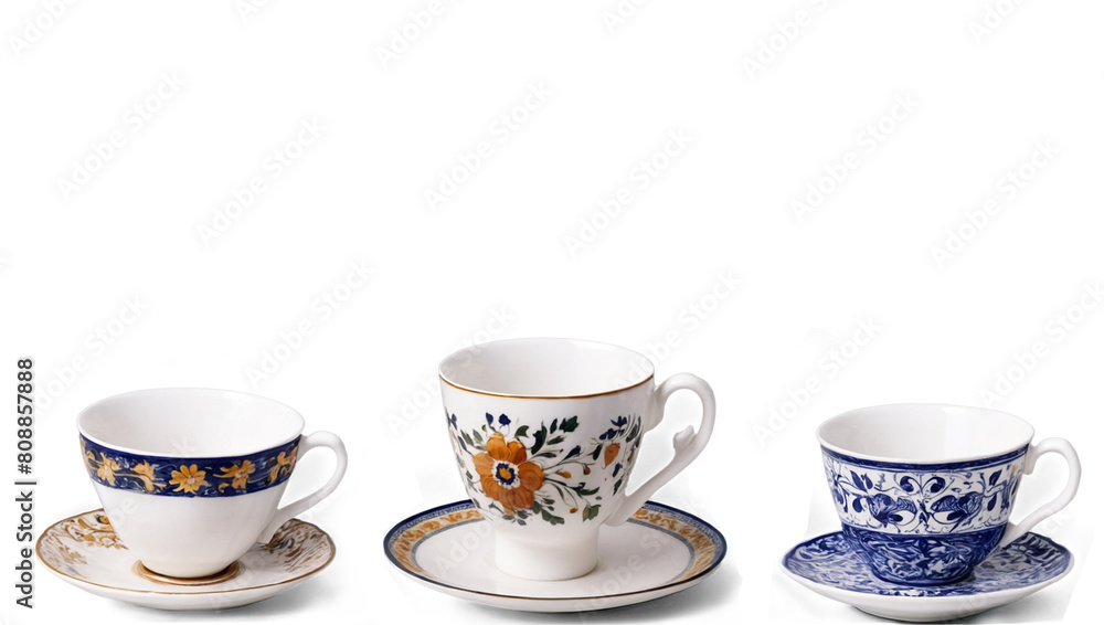 This image features a trio of delicate porcelain cups, with intricate blue and golden designs, perfect for a refined tea time This image features a trio of delicate porcelain cups, with intricate blue and golden designs, perfect for a refined tea time