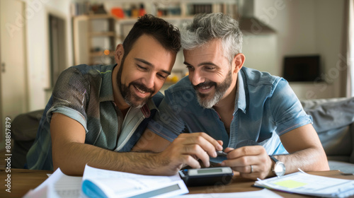 Happy Gay Couple Doing Taxes And Income Planning With Calculator Stock Photo photography