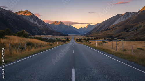 Serene Rural Highway Leading to Mountains at Golden Hour 