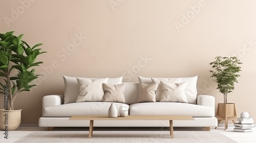 Domestic and cozy interior of living room with beige sofa, plants, shelf, coffee table, boucle rug, mock up poster frame, side table, plant and elegant decoration Beige wall. © Usman