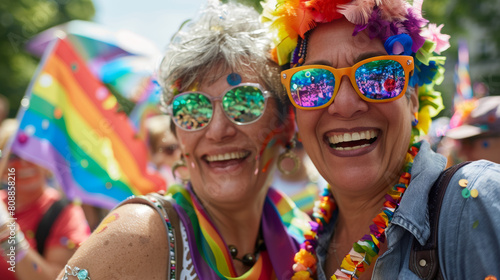 Happy Senior gay lesbian couple having fun wearing Lgbtq rainbow flag at pride parade - Family and love concept - Focus on right woman face Stock Photo photography