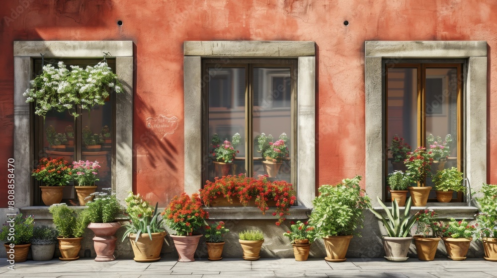 Flowers in pots on the terrace of an old house Flowers in pots on the terrace of an old house