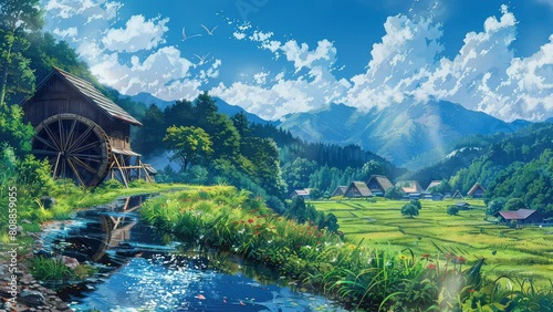 Tranquil mountain riverfront house scenery, animation seamless 4k video footage looping background. generated with ai photo