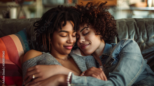 A young multiethnic female gay couple is being affectionate on their living room couch Stock Photo photography