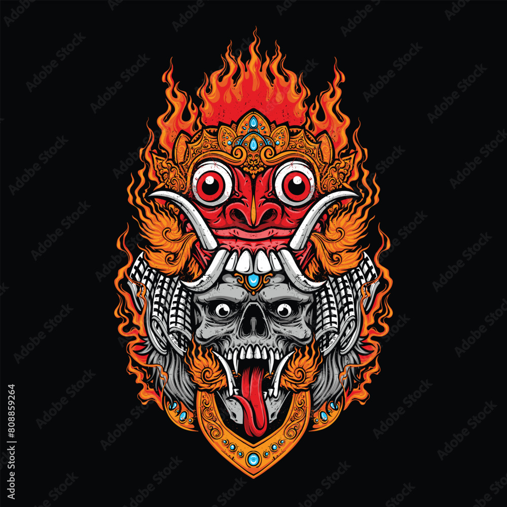 balinese barong with skull illustration
