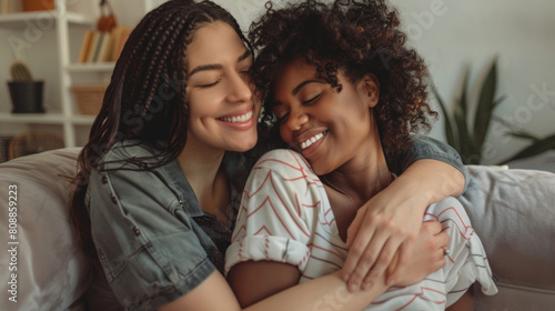 A young multiethnic female gay couple is being affectionate on their living room couch Stock Photo photography