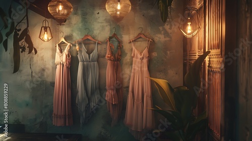 Flowing maxi dresses hanging gracefully on hangers, catching the soft glow of overhead lights in a bohemian-inspired boutique