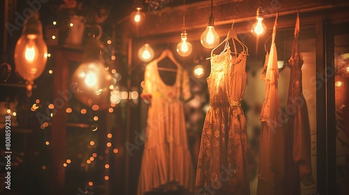 Flowing maxi dresses hanging gracefully on hangers, catching the soft glow of overhead lights in a bohemian-inspired boutique