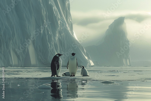 A family of penguins waddling across a vast expanse of shimmering ice under the watchful eye of a towering glacierimagine: photo