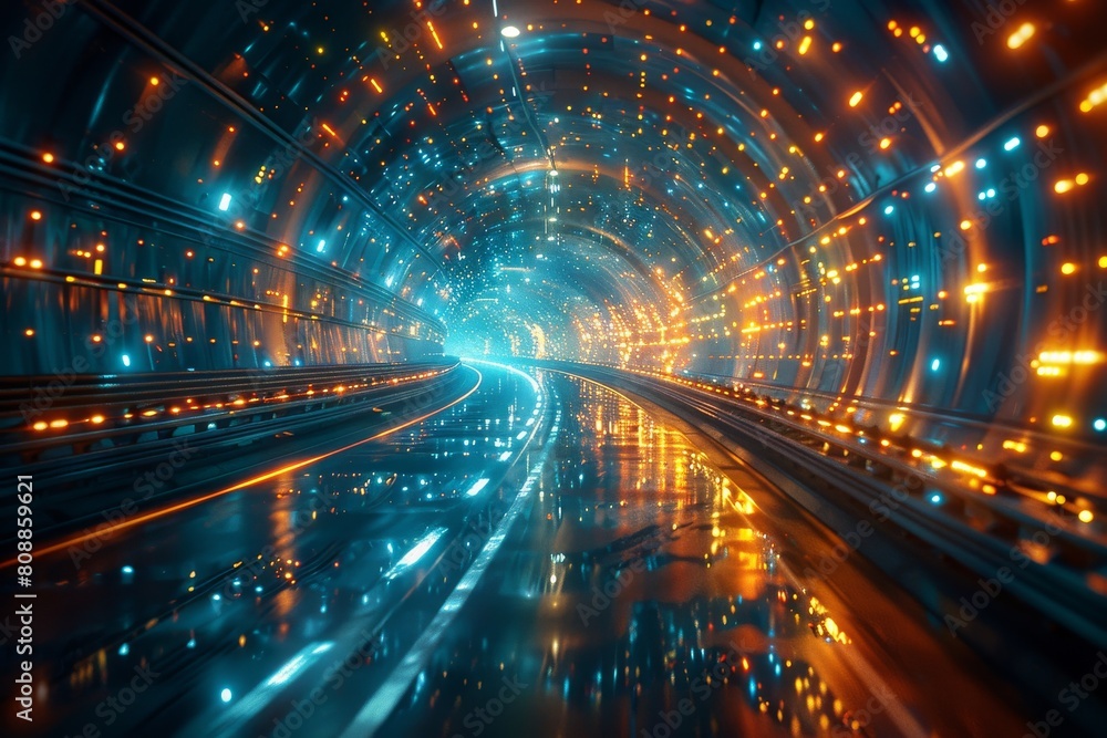 A mesmerizing illuminated tunnel lined with neon concentric circles creating a sense of infinite motion A mesmerizing illuminated tunnel lined with neon concentric circles creating a sense of infinite motion