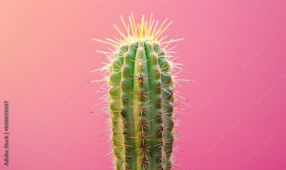 Fototapeta premium Green Cactus stands out against a pink backdrop, Generative AI