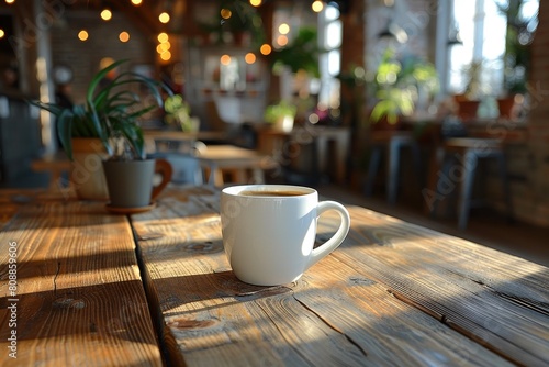 A warm cup of coffee on a rustic wooden tabletop in a cozy café ambiance with soft sunlight