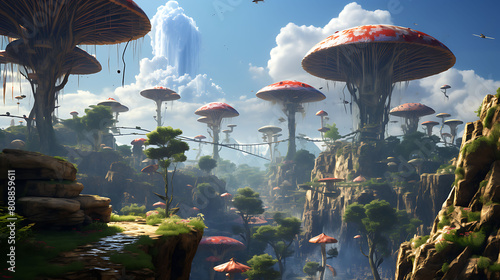 A fantasy landscape with agaricus mushrooms growing on floating islands in the sky, with waterfalls cascading down. photo