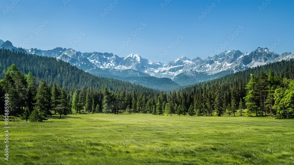 In a picturesque landscape, a green meadow stretches out with pine trees in the foreground, leading the eye towards majestic mountain peaks in the distance. 