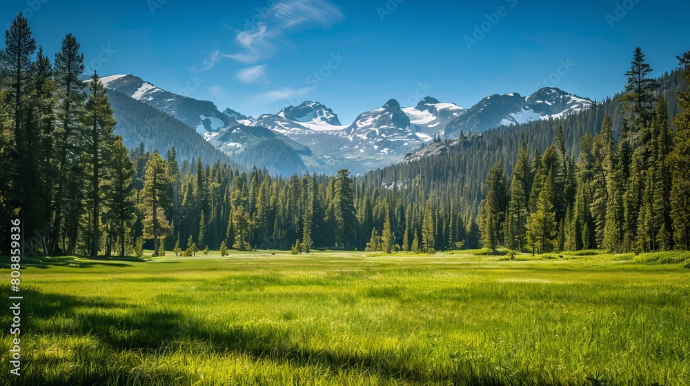 In a picturesque landscape, a green meadow stretches out with pine trees in the foreground, leading the eye towards majestic mountain peaks in the distance. 