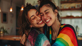 Happy lesbian lgbtq couple in love cuddling, laughing, whispering on ear having fun standing at home. Two stylish cool diverse pretty affectionate women hugging, bonding. Lgbt relationship concept Sto